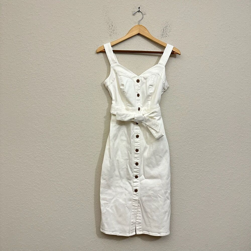 BRAVISSIMO Button Front Denim Dress Belted Knee-Length Stone Garden Party NWT
